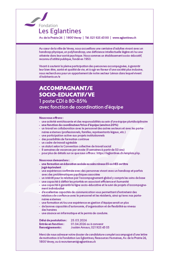 Accompagnant/e socio-educatif/ve - 1 Poste CDI à 80% - 85% avec fonction de coordination d’équipe