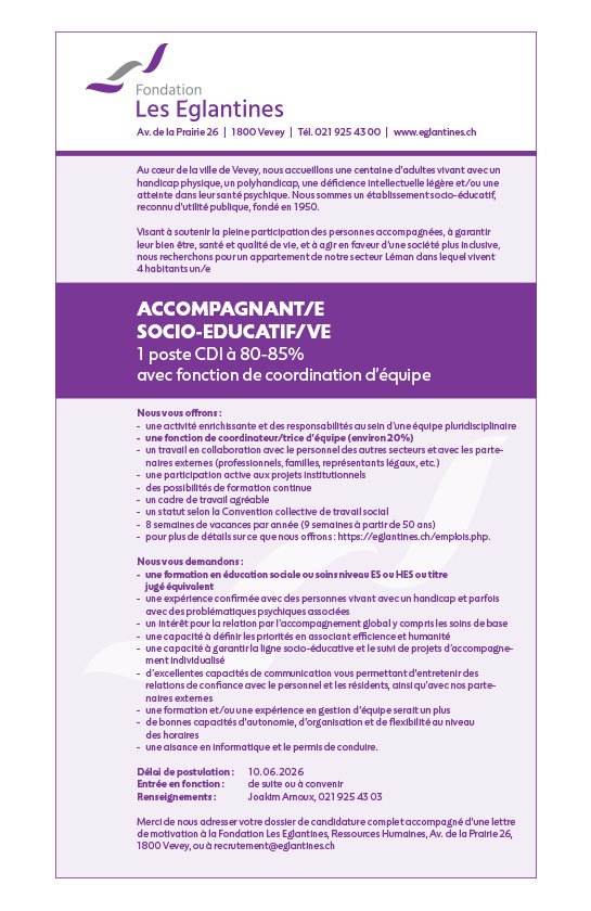 Accompagnant/es socio-éducatifs/ves - Postes CDI à 80 % et 85 % - avec fonction de coordination d’équipe