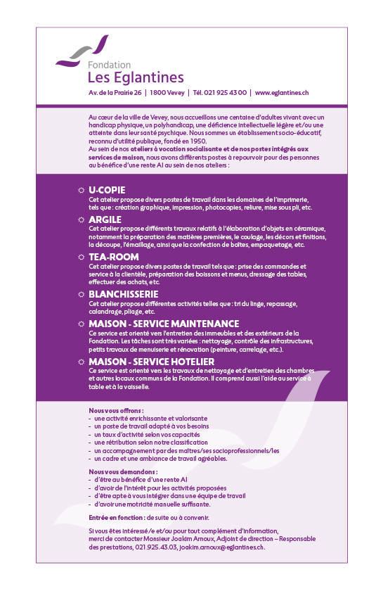 Postes libres au sein de nos ateliers à vocation socialisante et de nos ateliers intégrés aux services de maison