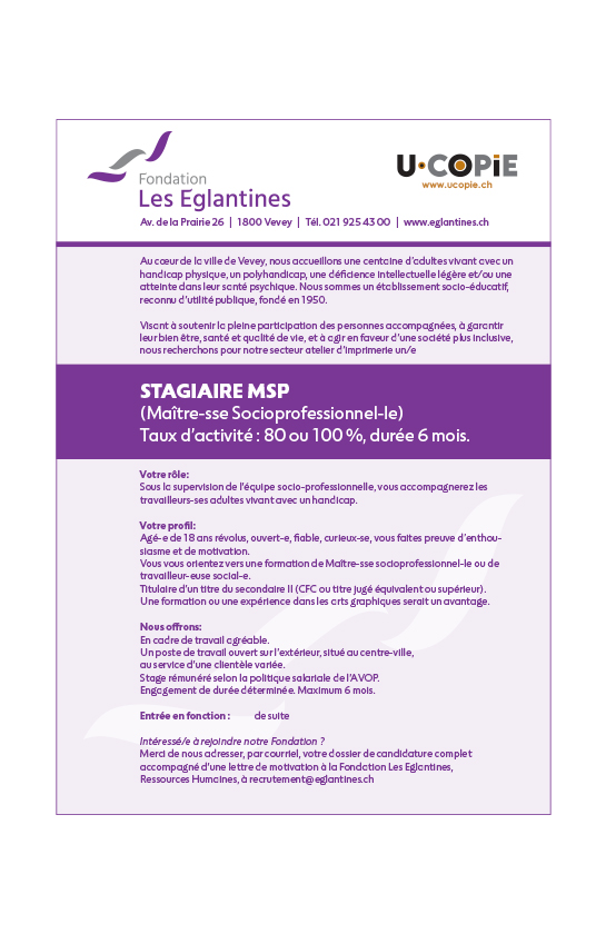 Un-e stagiaire MSP (Maître-sse socioprofessionnel-le) - 1 poste CDD à 80-100 %