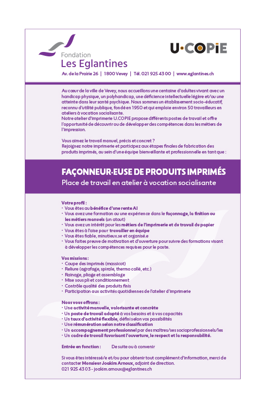 Façonneur/euse de produits imprimés - Place de travail en atelier à vocation socialisante.