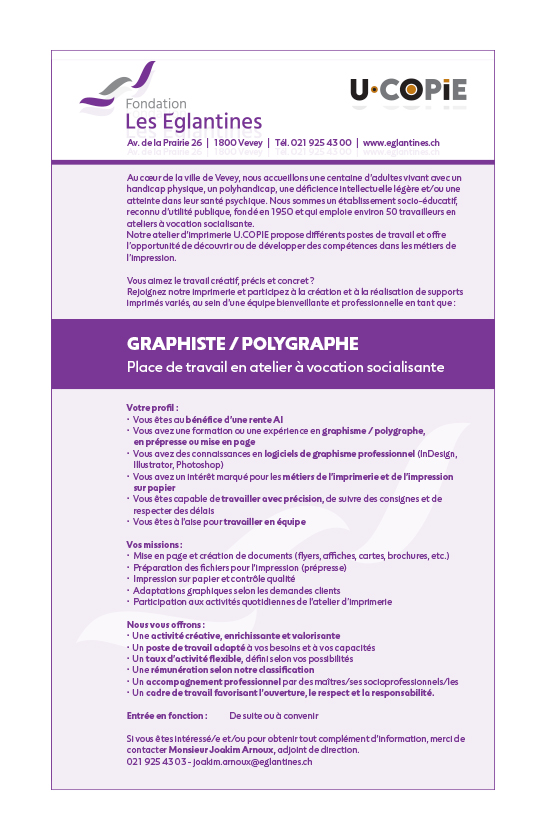 Graphiste/polygraphe - Place de travail en atelier à vocation socialisante.
