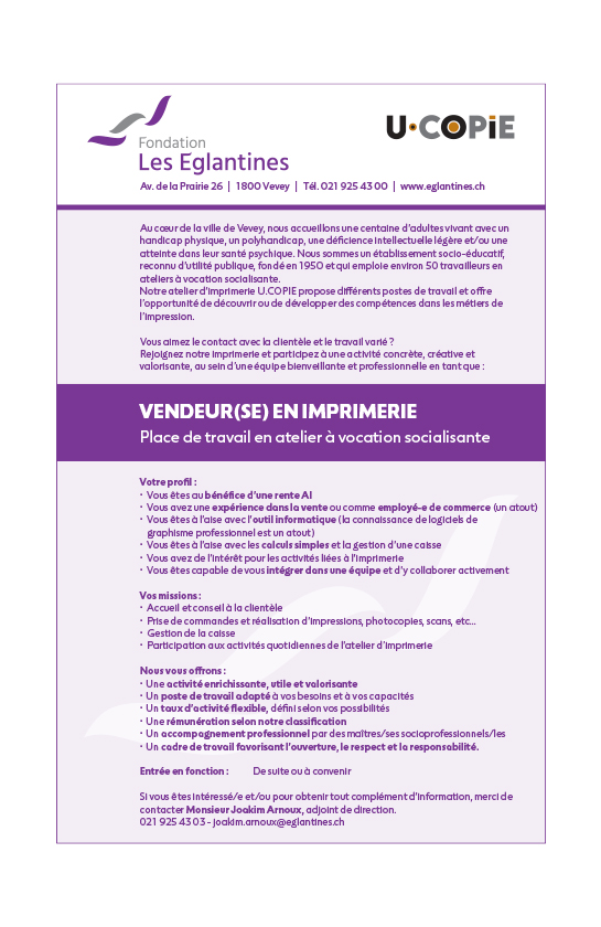 Vendeur/se en imprimerie - Place de travail en atelier à vocation socialisante