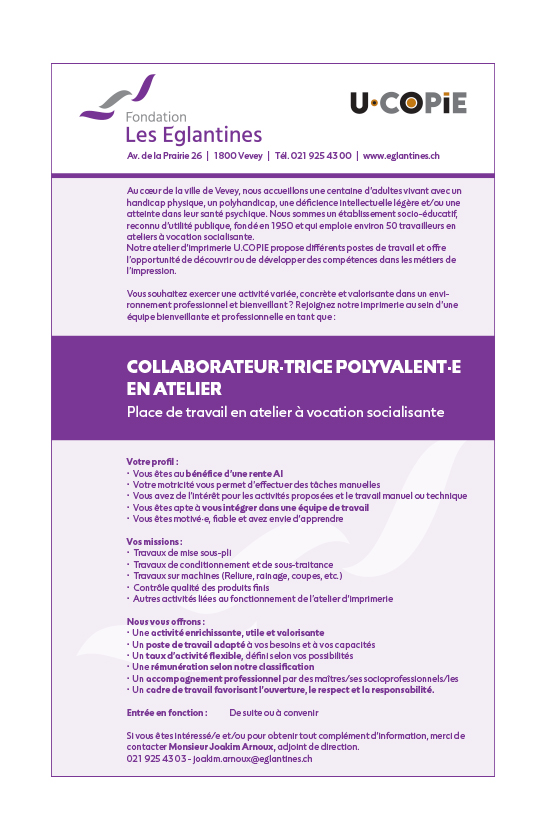 Collaborateur/trice polyvalent/e en atelier - Place de travail en atelier à vocation socialisante